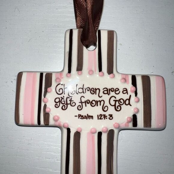 Sue Berk Designs Ceramic Glazed Cross Children are a gift from God Pink Brown - Picture 2 of 6